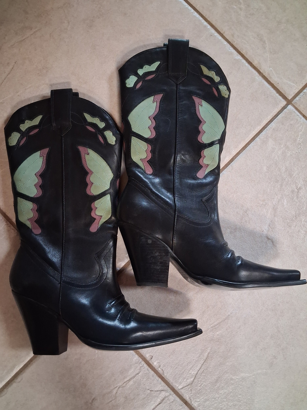 Black Western Cowboy Boots with Green & Pink Inlay